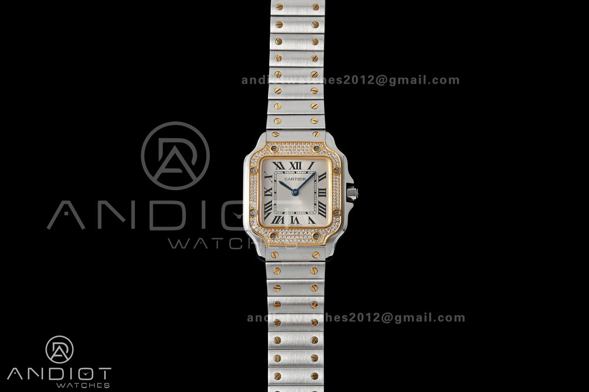 Santos de Cartier 27mm SS/YG AF 1:1 Best Edition Silver Dial Diamond Bezel On SS/YG SmartLinks Bracelet Ronda Quartz